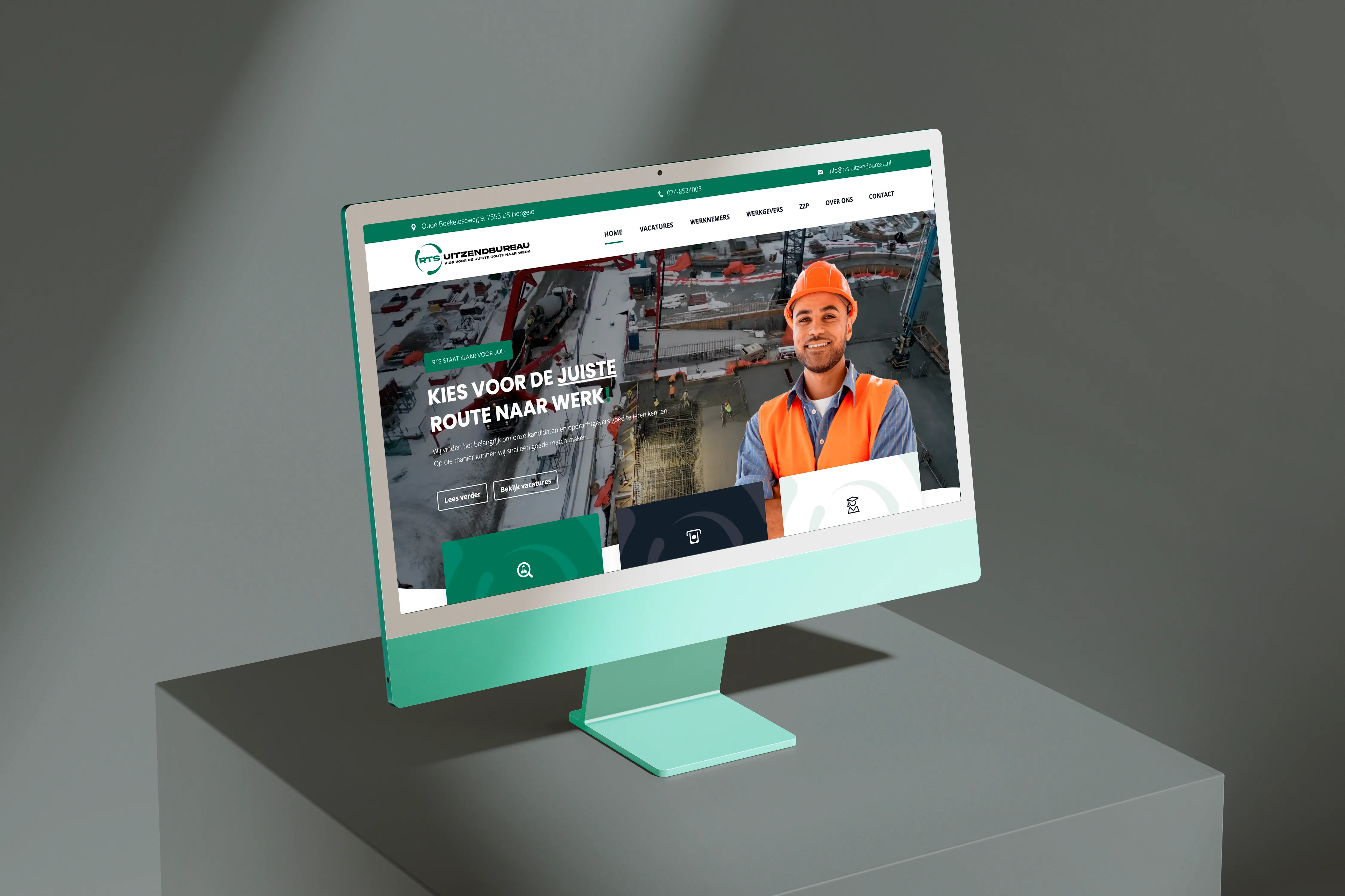 Homepage mockup van de RTS Detachering website voor arbeidsbemiddeling in techniek, logistiek en bouw